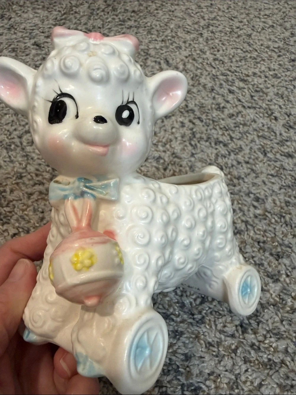 Vtg Baby Lamb on Wheels Bell Planter Art Nursery Pottery Inarco Japan MCM Kitsch